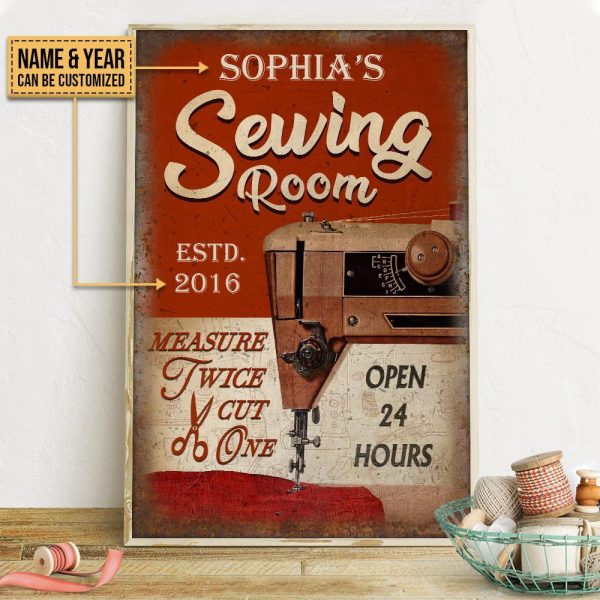 Personalized Canvas Art Painting, Canvas Gallery Hanging Sewing Measure Twice Cut Once Wall Art Framed Prints, Canvas Paintings