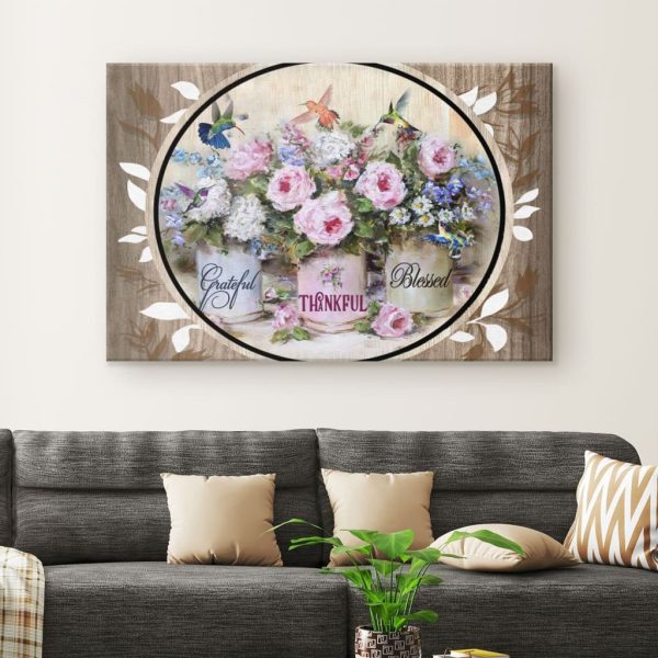 Grateful Thankful Blessed Hummingbird Flowers Christian Canvas Gallery Painting Wrapped Canvas Canvas - Image 2