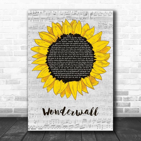 Oasis Wonderwall Grey Script Sunflower Song Lyric Art Print - Canvas Print Wall Art Home Decor