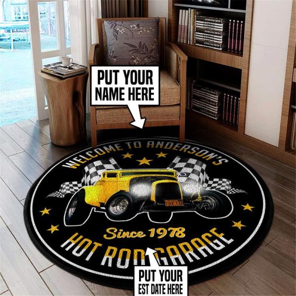 Personalized American Graffiti Milner Couple Hotrod Garage Living Room Round Mat Circle Rug