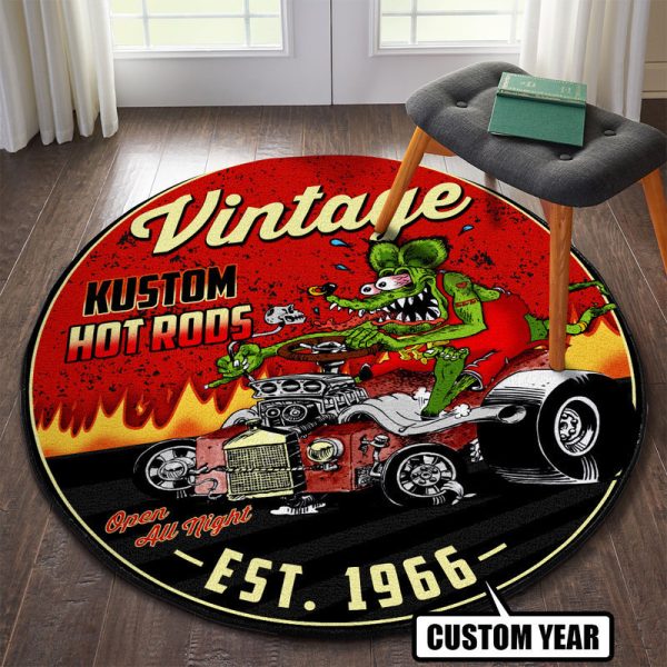 Personalized Vintage Kustom Hot Rod Round Mat Round Floor Mat Room Rugs Carpet Outdoor Rug Washable Rugs