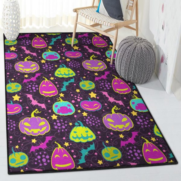 Halloween Pumpkin Carpet Halloween Pumpkin Bat Pattern Rug Rectangle Rugs Washable Area Rug Non-Slip Carpet For Living Room Bedroom