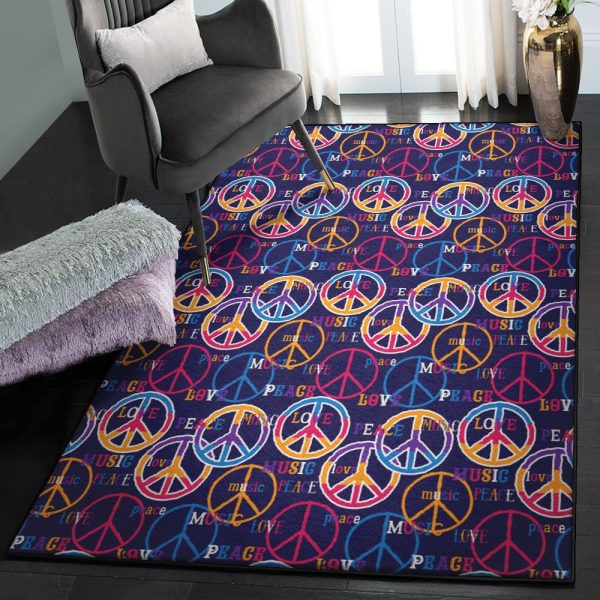 Music Note Playroom Rug Hippie Music Van Peace Sign Pattern Rug Rectangle Rugs Washable Area Rug Non-Slip Carpet For Living Room Bedroom