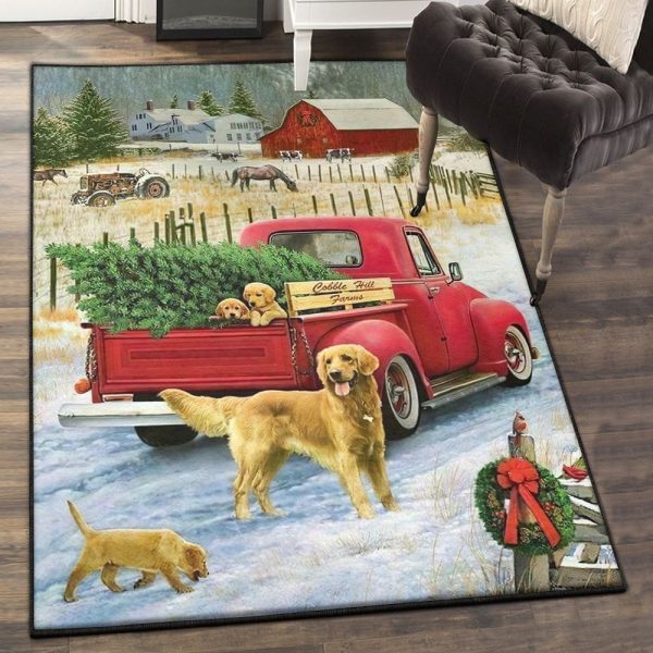 Farm Dining Room Rug Golden Retriever Christmas Car Farm Rug Rectangle Rugs Washable Area Rug Non-Slip Carpet For Living Room Bedroom