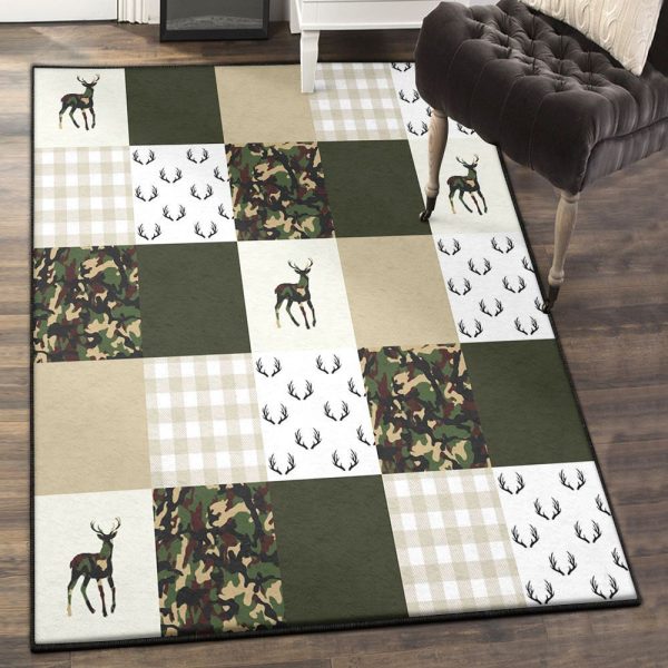 Green Color Green And Beige Deer Buffalo Plaid Check Woodland Camo Rug Rectangle Rugs Washable Area Rug Non-Slip Carpet For Living Room Bedroom