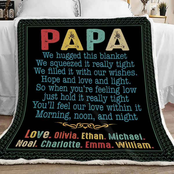 Chillever - Papa Blanket With Grandkids Names, Papa Black Sherpa Blank