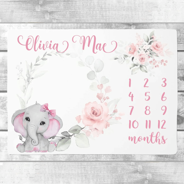 Personalized Baby Blanket for Girls, Floral Elephant Blanket Girl, Bab