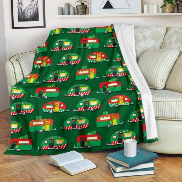 Camper Camping Christmas Themed Print Green Fleece Blanket