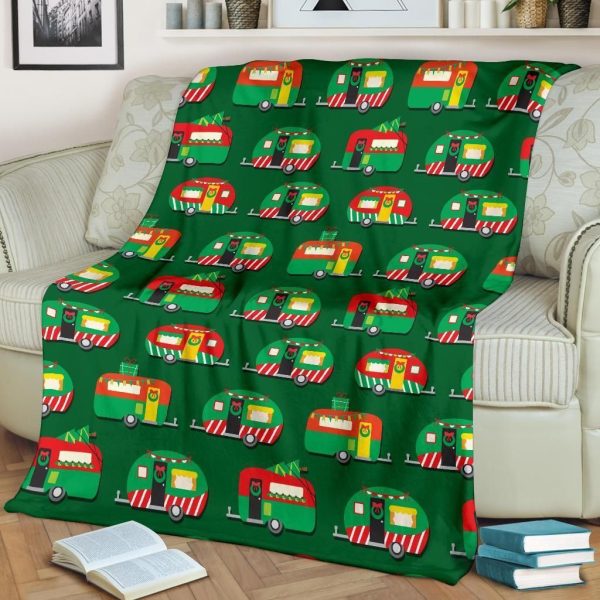 Camper Camping Christmas Themed Print Green Fleece Blanket - Image 2