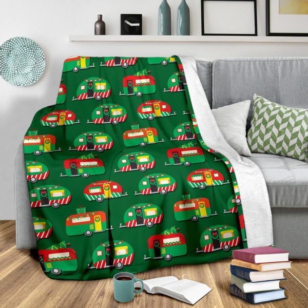 Camper Camping Christmas Themed Print Green Fleece Blanket - Image 3