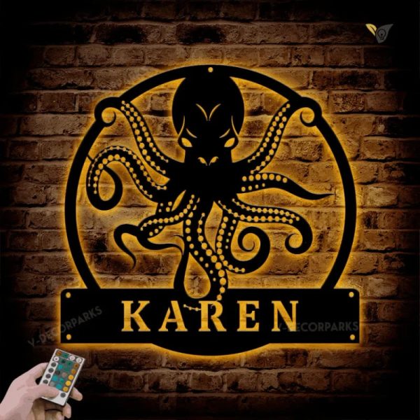 Personalized Octopus Metal Wall Art With Led Lights, Custom Octopus Me